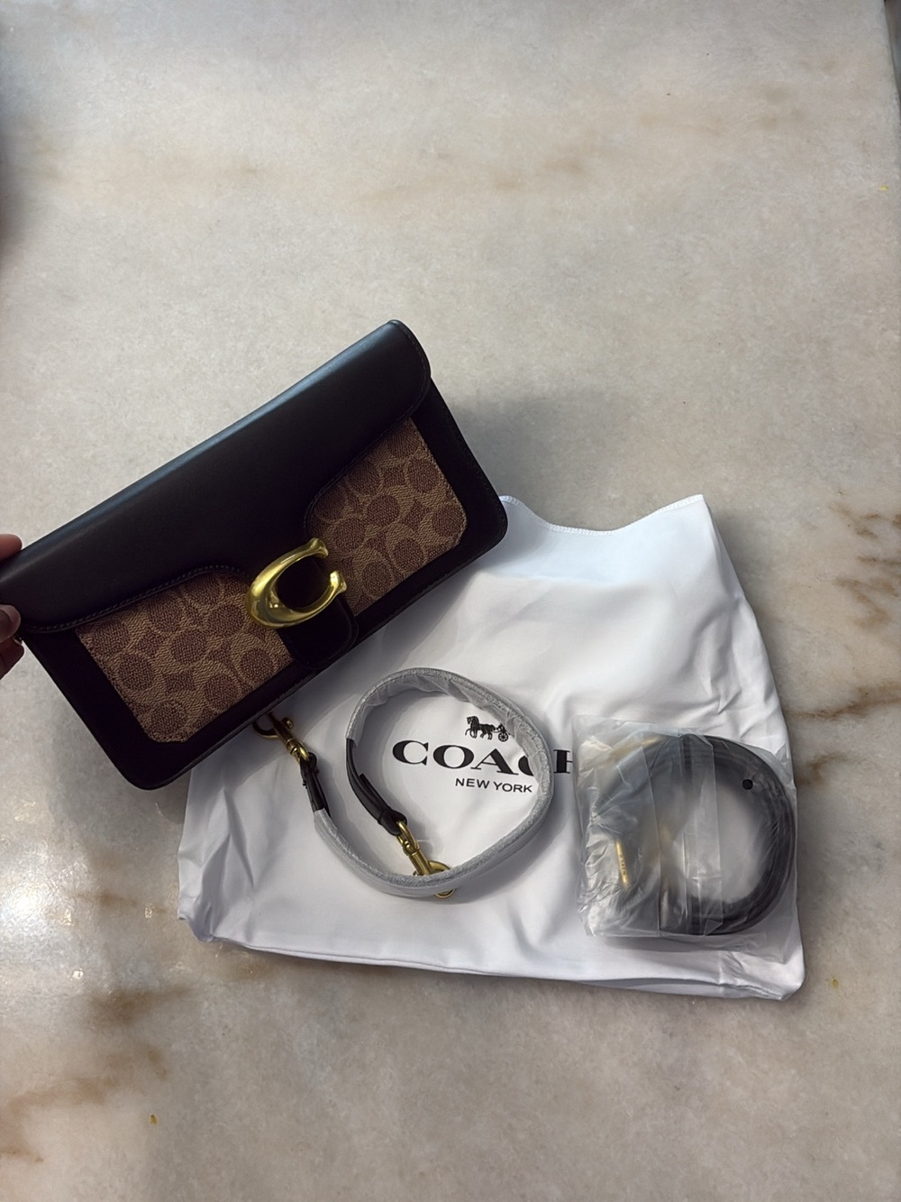 Coach Brown Signature Canvas & Black Leather Card Holder with Gold Hardware